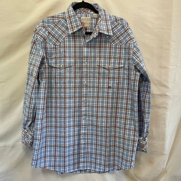 Roper Western Snap Shirt Men's M Plaid Pearl Snap Long Sleeve - Picture 1 of 5